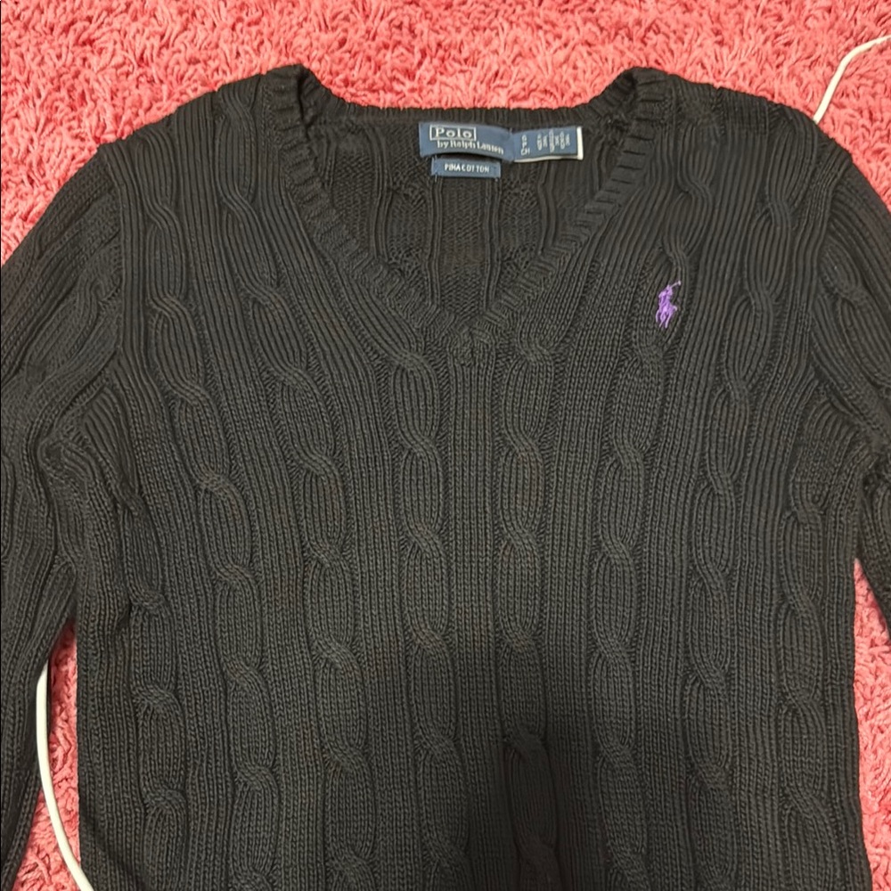 Ralph Lauren Black Vneck Knit Sweater with Purple Logo